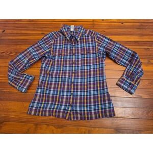 Patagonia Womens 10 Organic Cotton Plaid Flannel Shirt Blue Purple Gold Long Slv